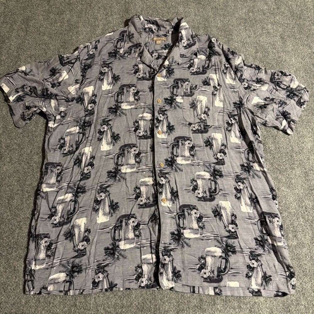 Vtg George 100% Rayon Hawaiian Shirt Mens XL Gray Draft Beer Glass Palm Trees